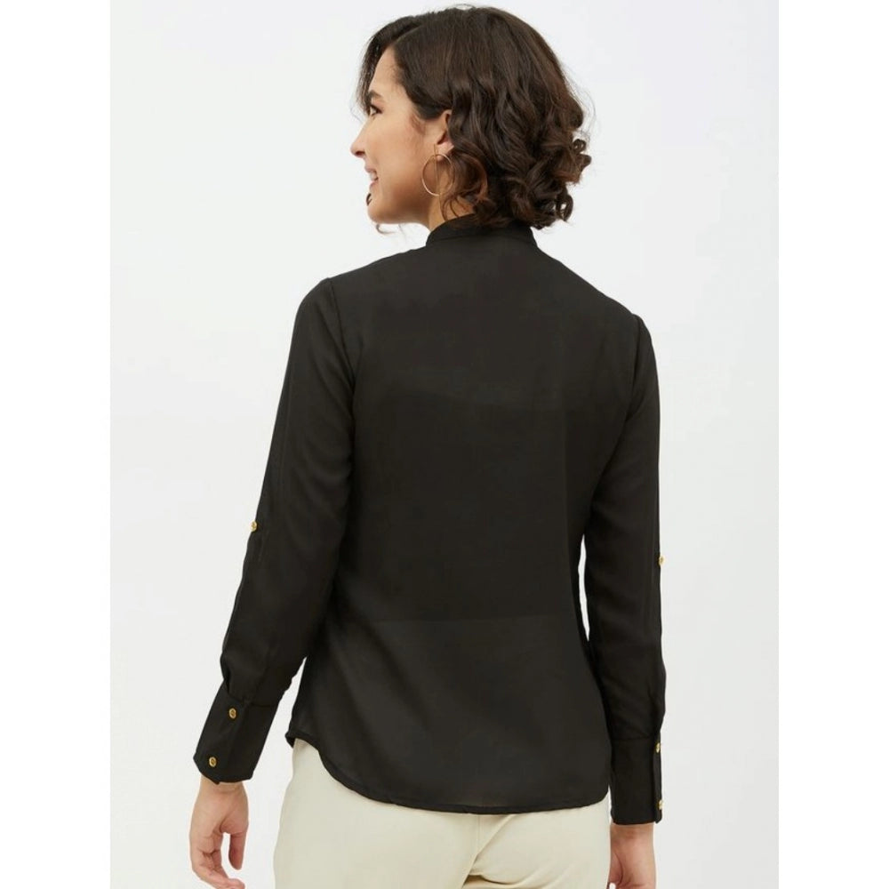 Women's Polyester Ruffled Long Sleeve Standard Length Shirt - Black