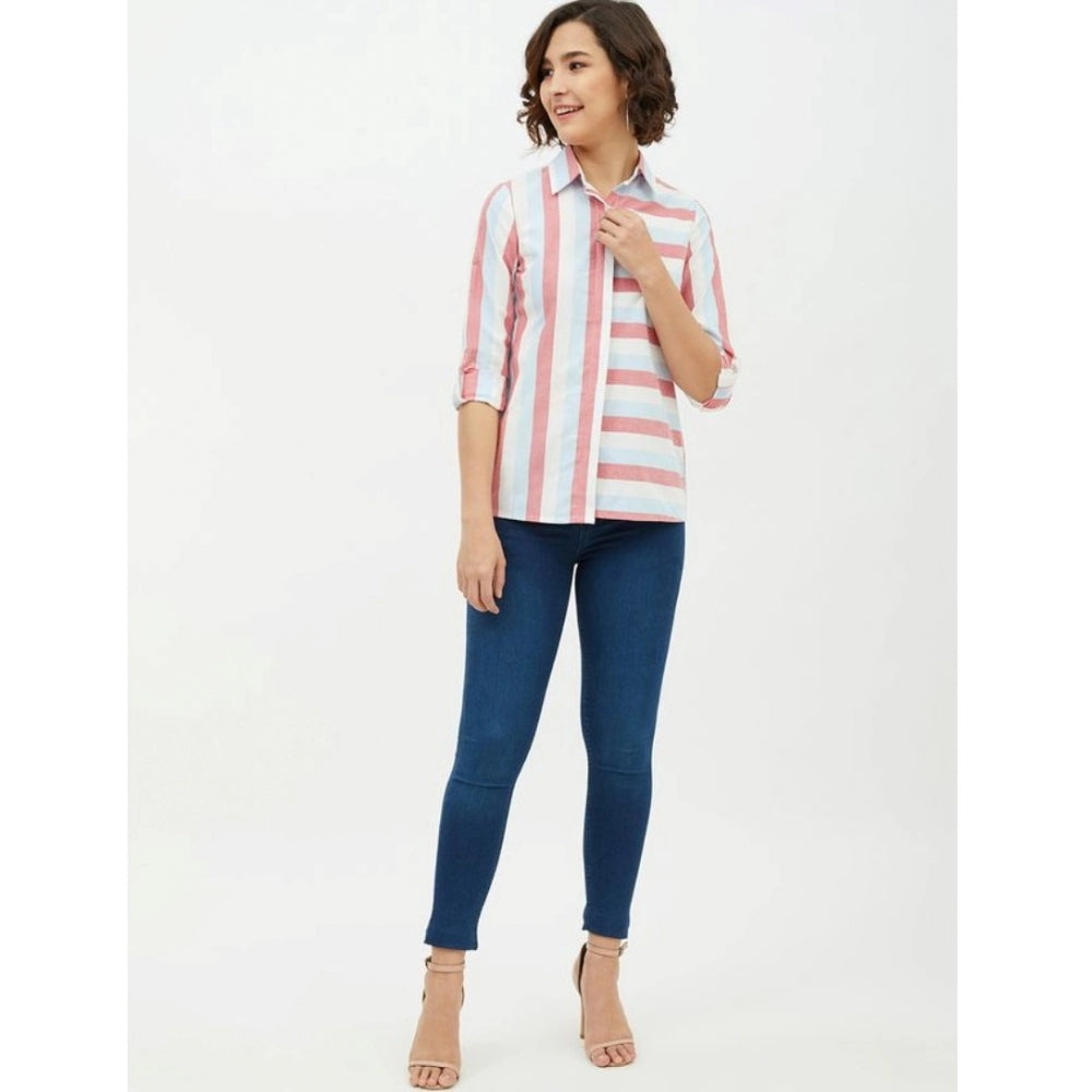 Women's Cotton Striped Long Sleeve Standard Length Shirt - Pink
