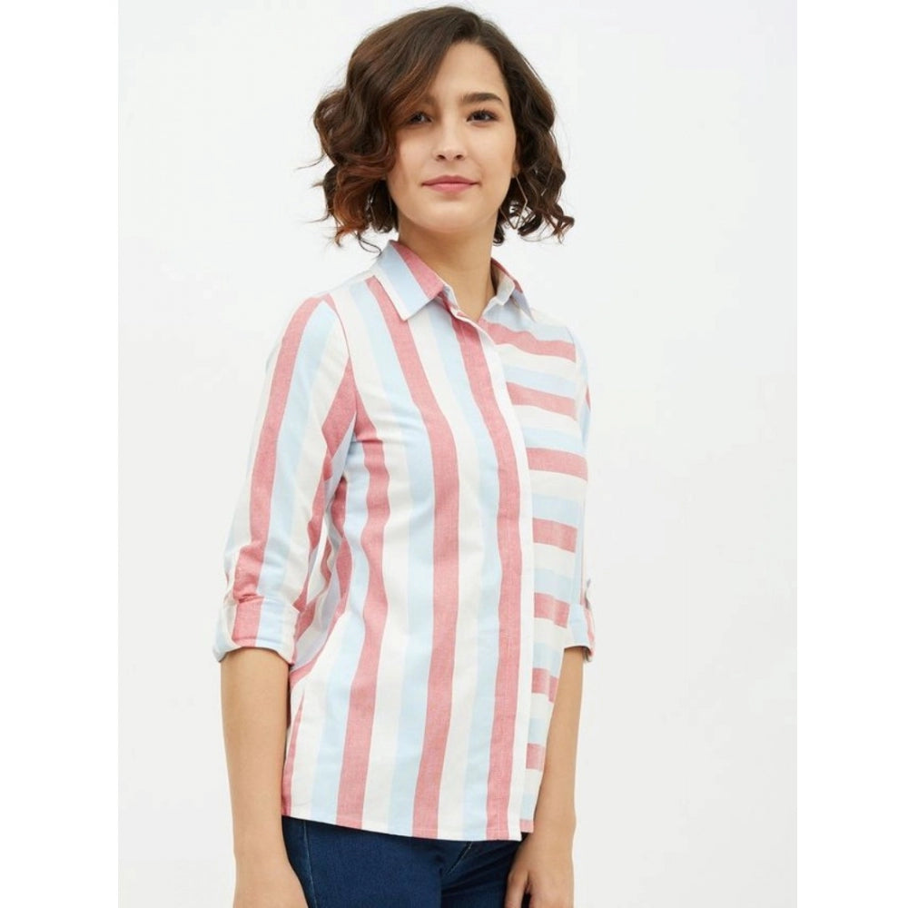 Women's Cotton Striped Long Sleeve Standard Length Shirt - Pink
