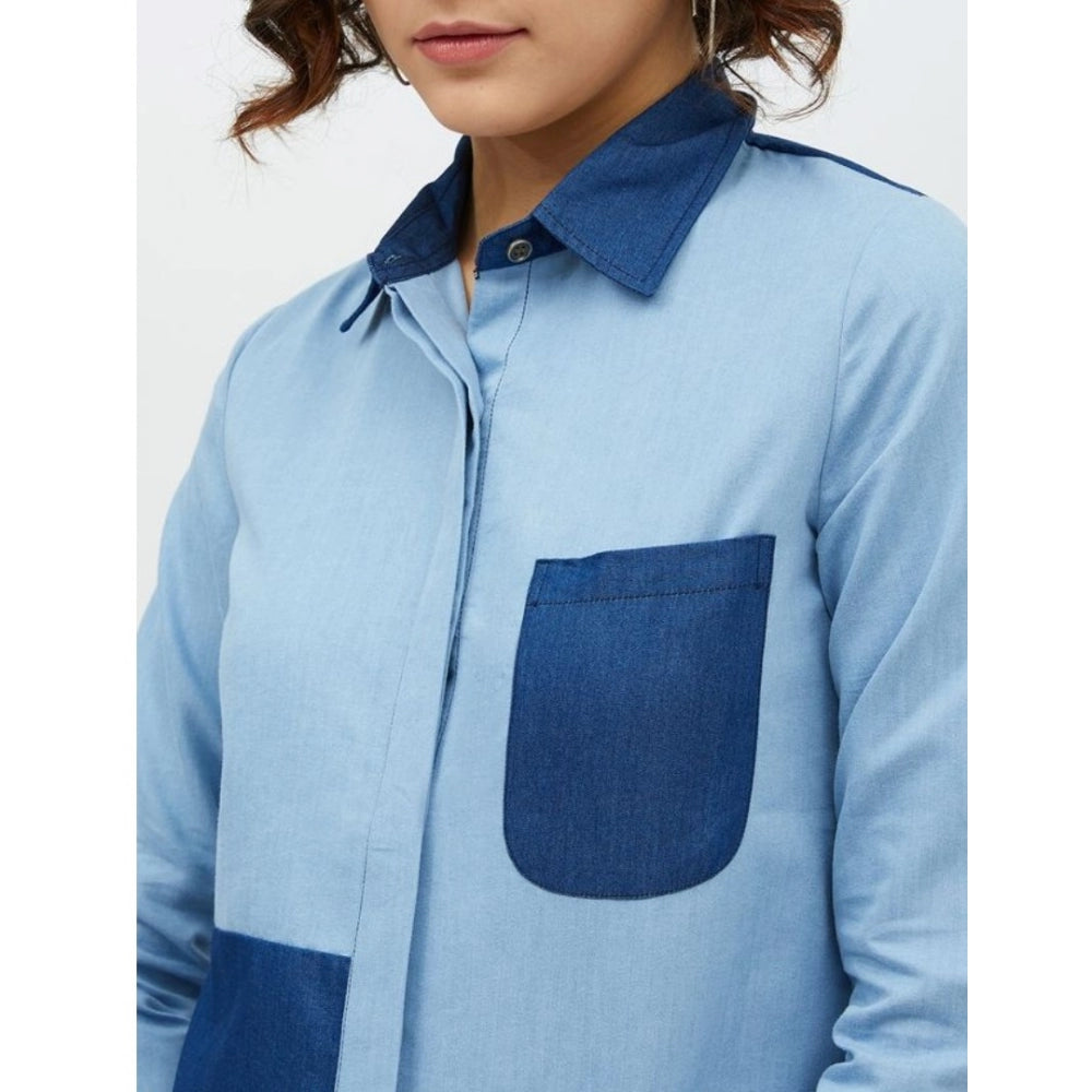 Women's Denim Patch Work Long Sleeve Standard Length Shirt - Blue