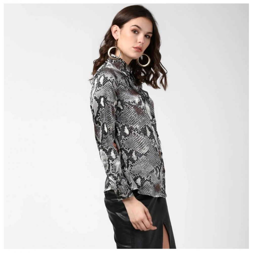 Women's Satin Animal Print Long Sleeve Standard Length Shirt - Black - Grey