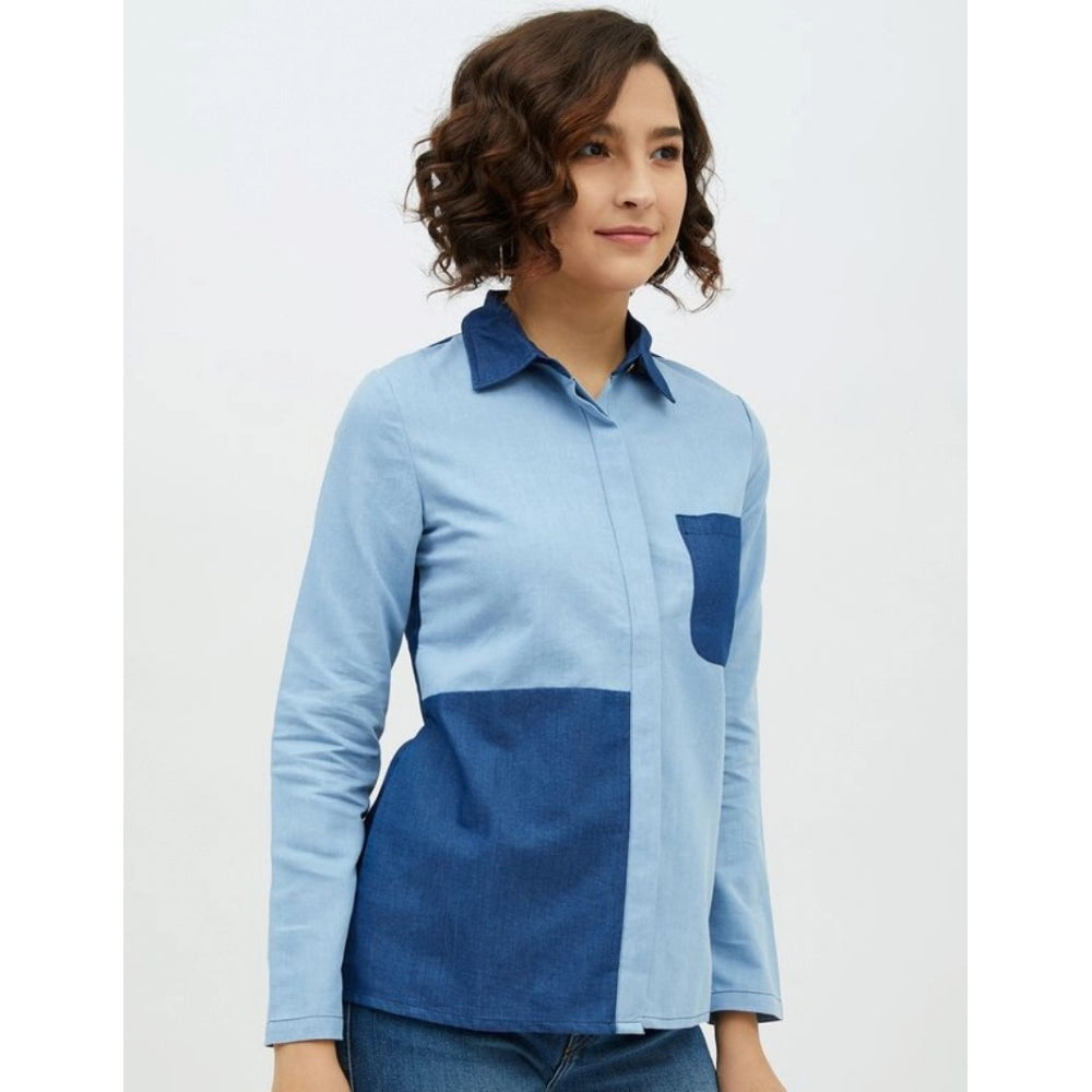 Women's Denim Patch Work Long Sleeve Standard Length Shirt - Blue