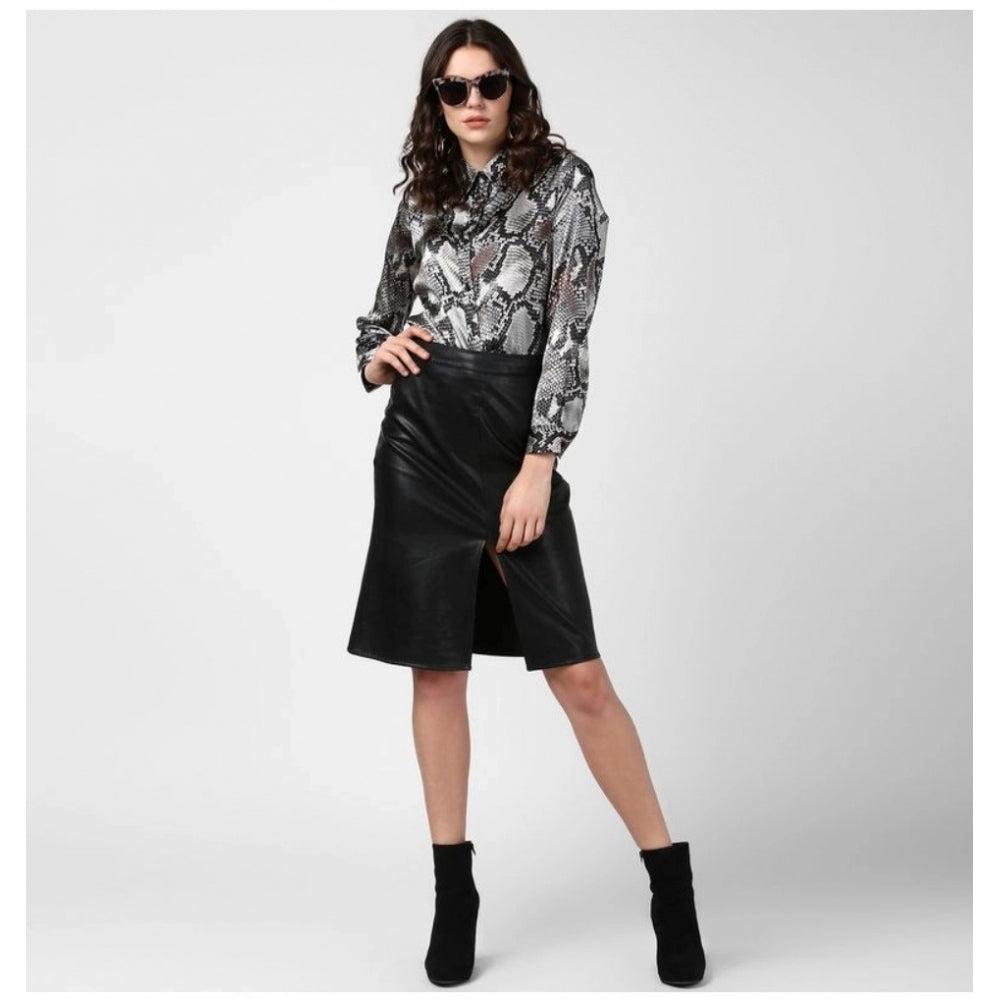 Women's Satin Animal Print Long Sleeve Standard Length Shirt - Black - Grey