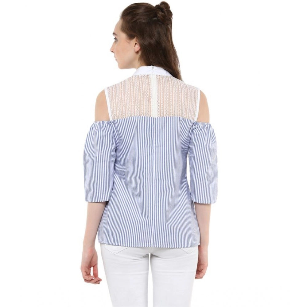 Women's Cotton Striped Cold Shoulder Top - Blue