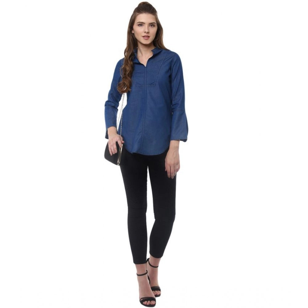 Women's Denim Solid Bell Sleeve Regular Top - Blue Denim