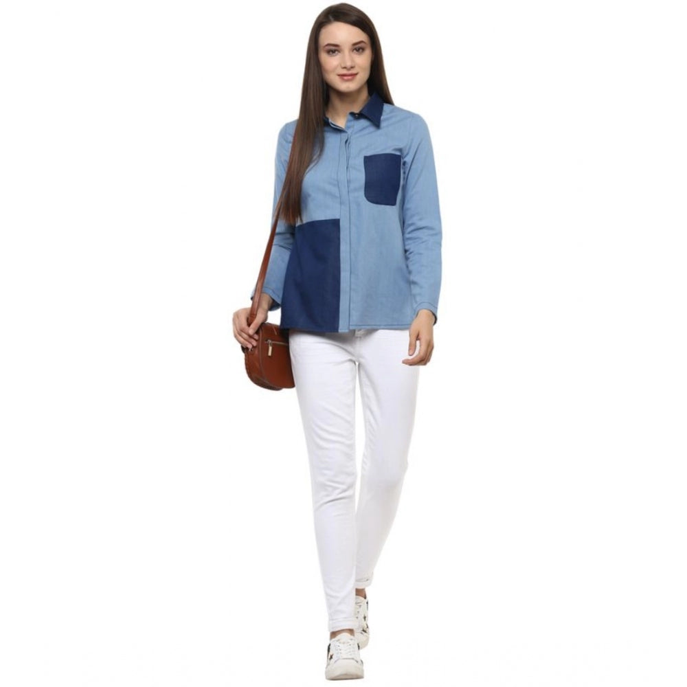 Women's Denim Patch Work Long Sleeve Regular Top - Blue