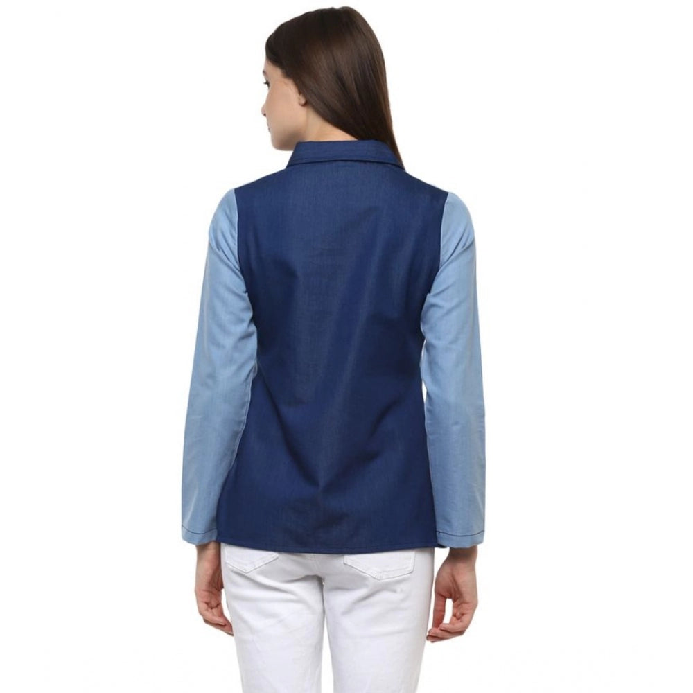Women's Denim Patch Work Long Sleeve Regular Top - Blue