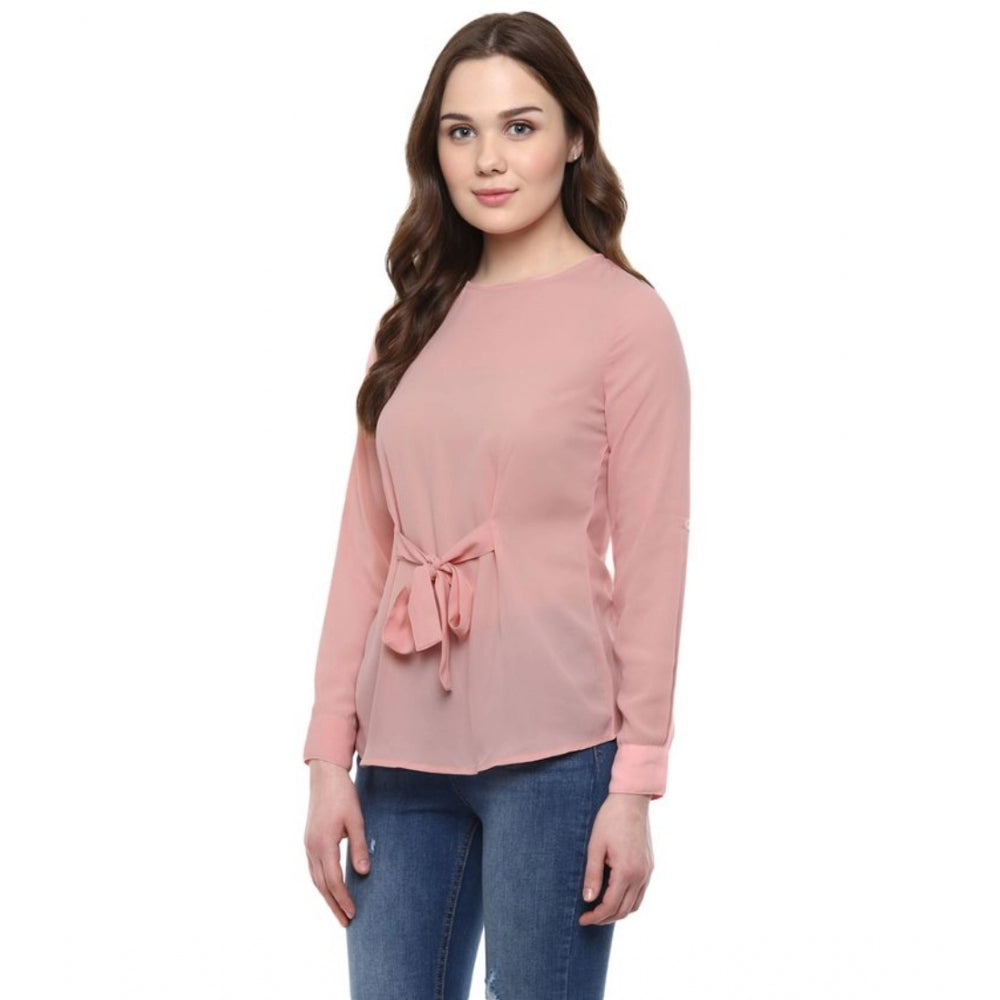 Women's Polyester Solid Long Sleeve Regular Top - Pink