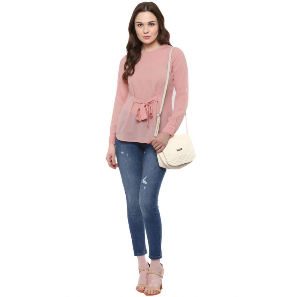 Women's Polyester Solid Long Sleeve Regular Top - Pink