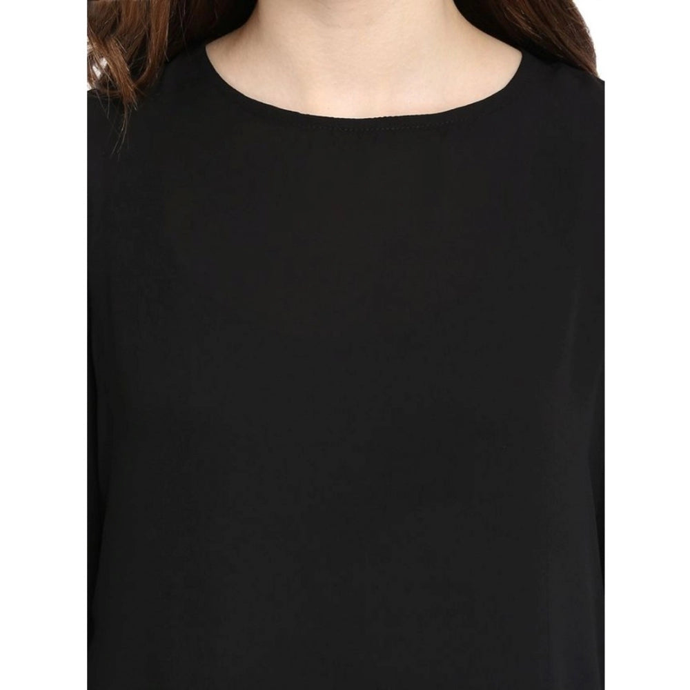 Women's Polyester Georgette Self Design Bell Sleeve Regular Top - Black