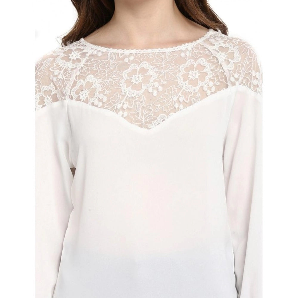 Women's Polyester Georgette Self Design 3/4 Sleeve Sleeves Regular Top - White
