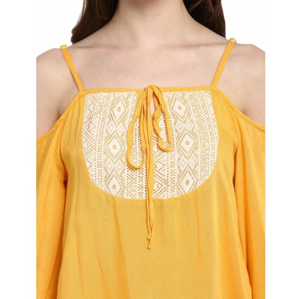 Women's Rayon Embellished Cold Shoulder Regular Top - Mustard Yellow