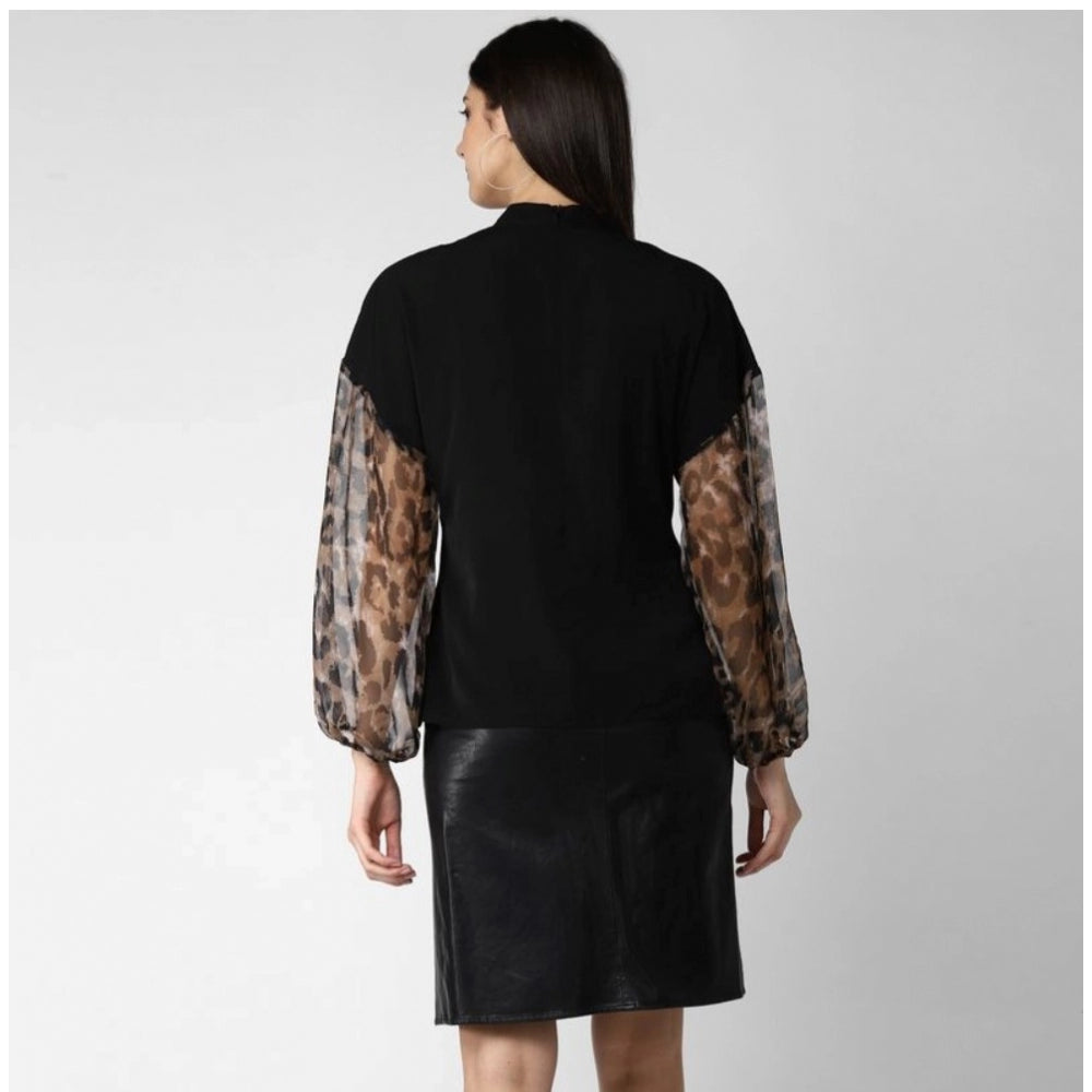 Women's Polyester Animal Print Long Sleeve Top - Black
