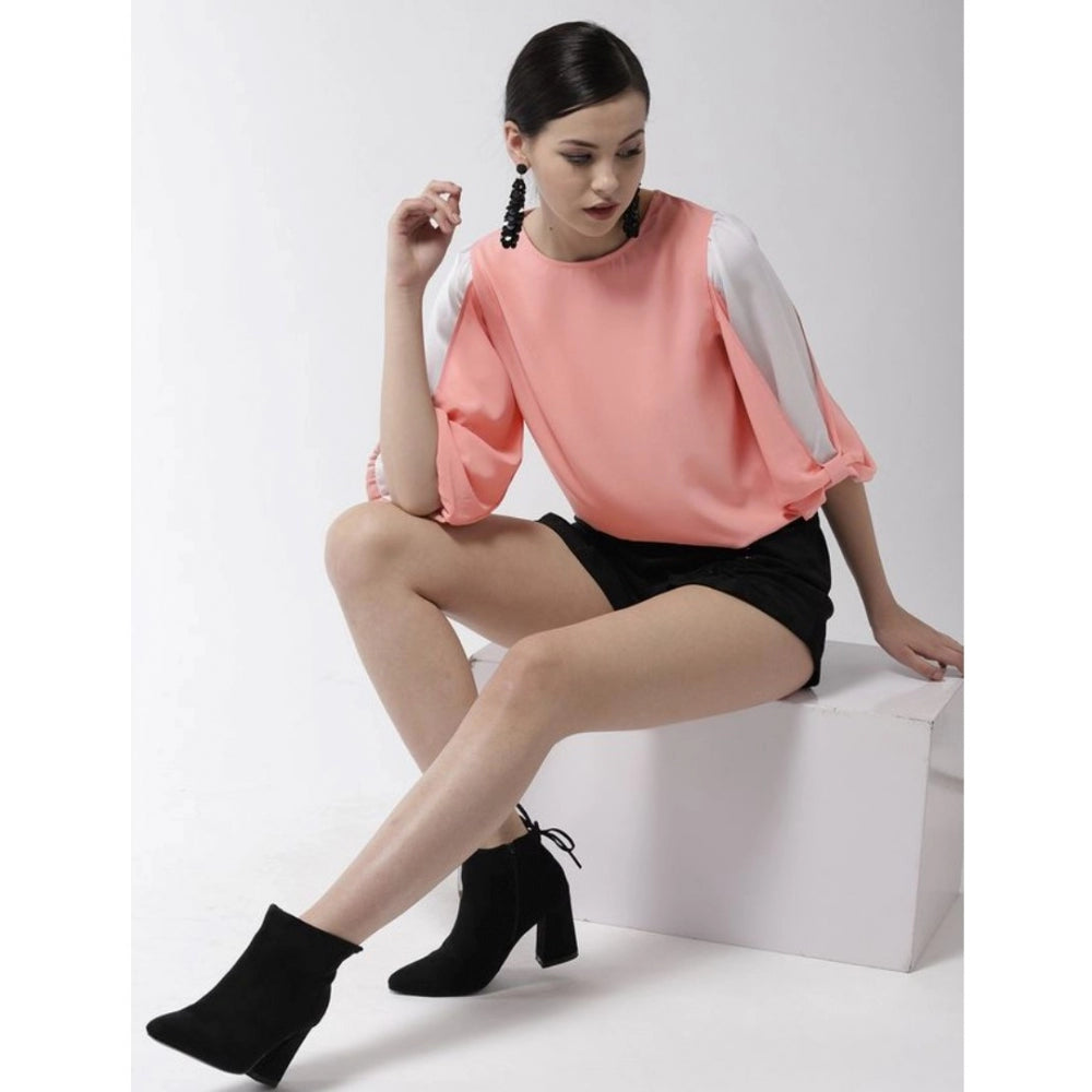 Women's Polyester Colour Block Slit Sleeve Top - Pink