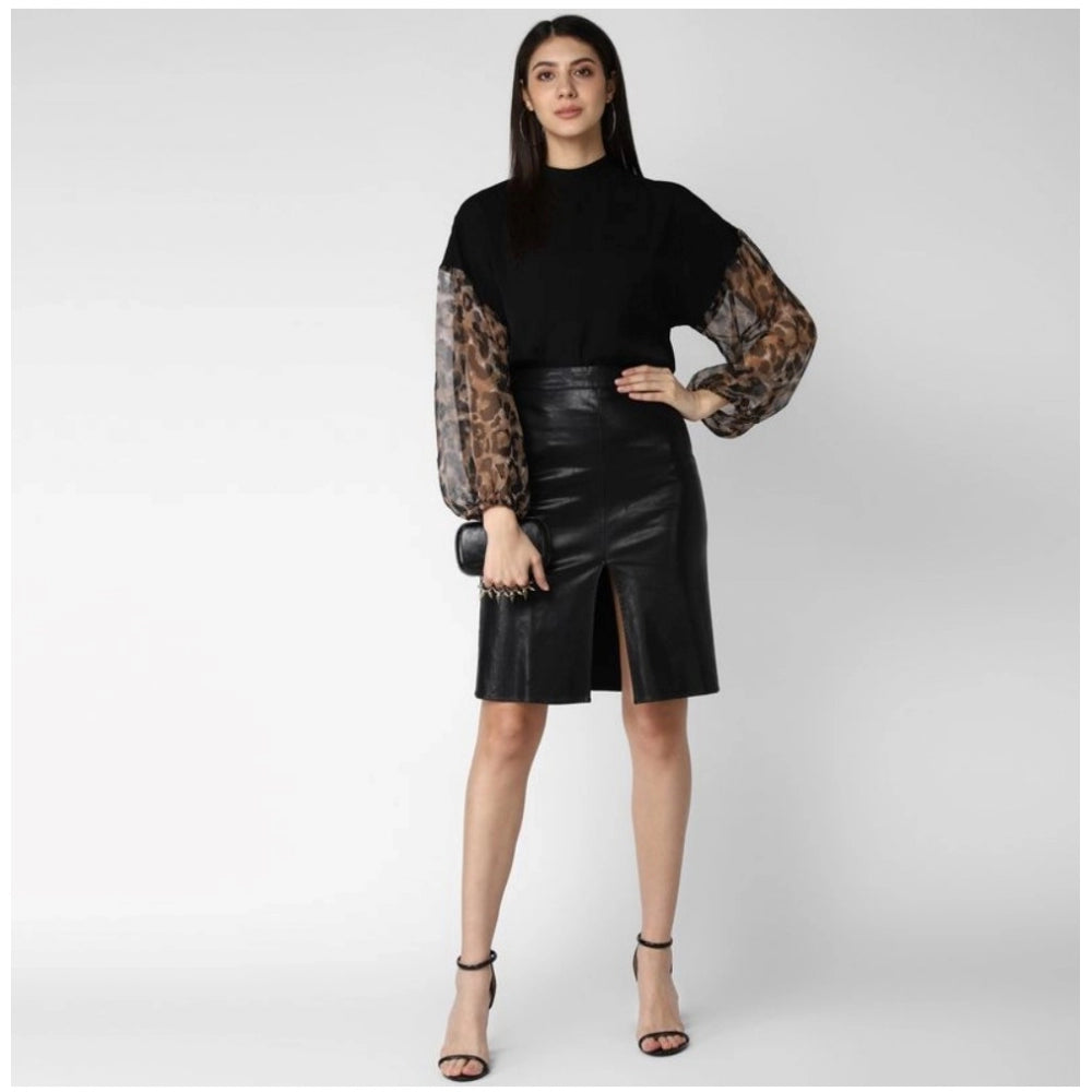 Women's Polyester Animal Print Long Sleeve Top - Black