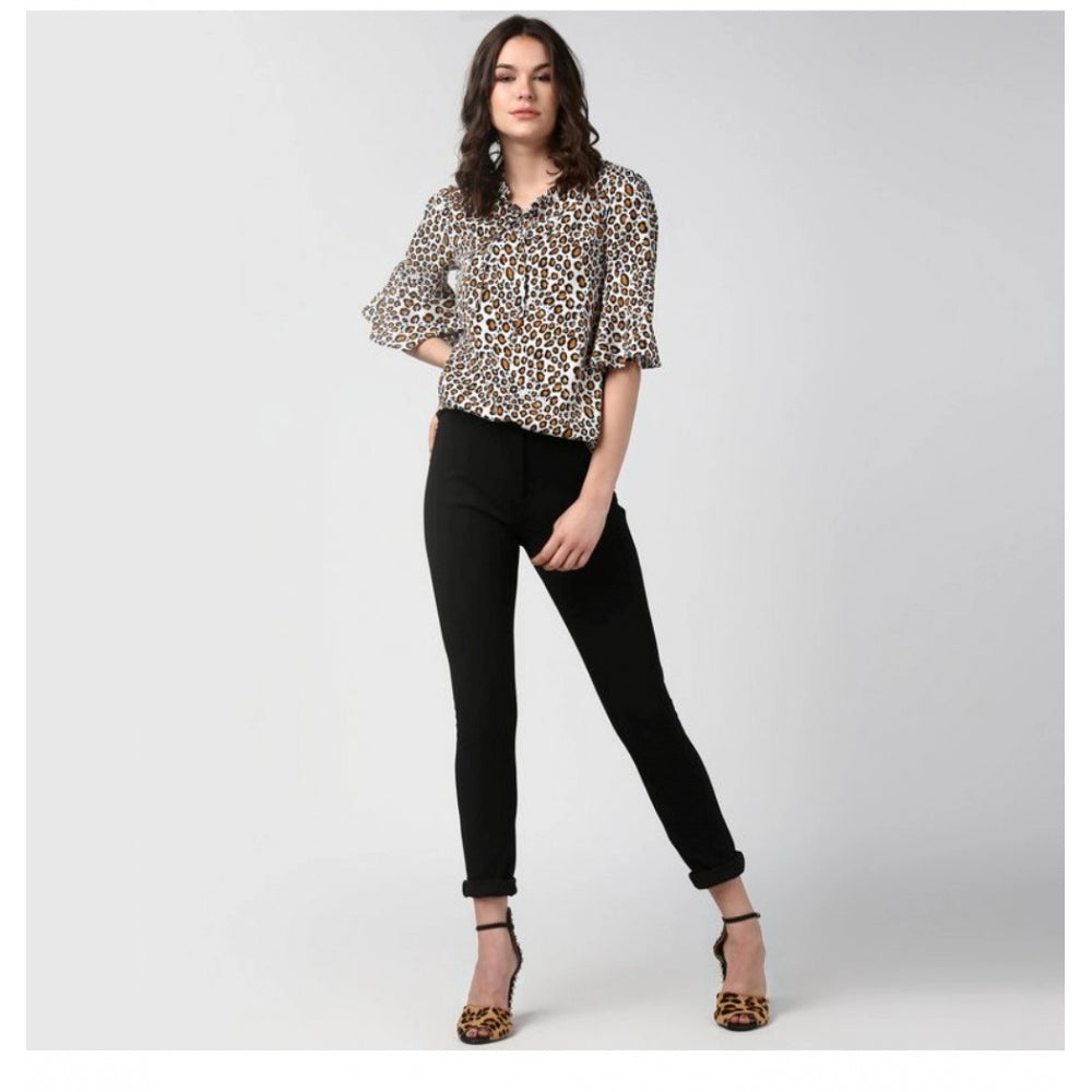 Women's Polyester Animal Print Bell Sleeve Top - Orange - Black