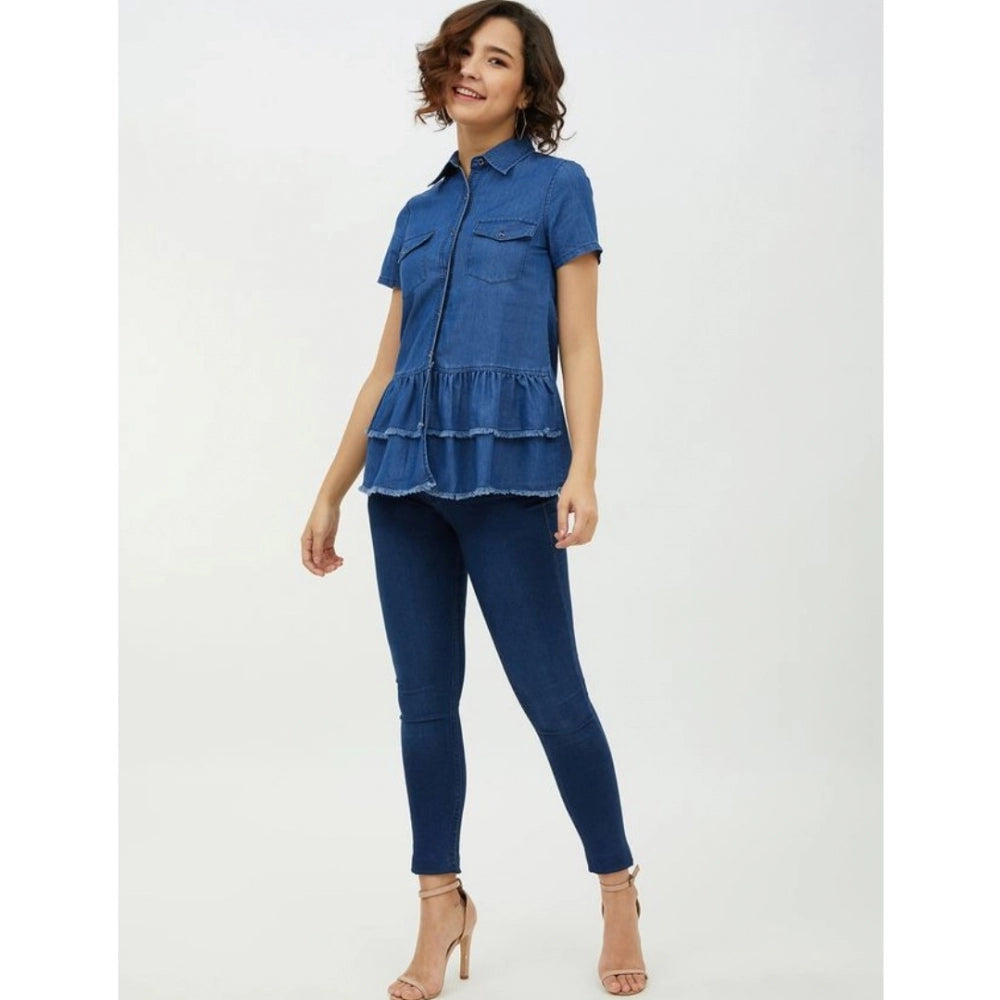 Women's Denim Peplum Short Sleeve Top - Blue
