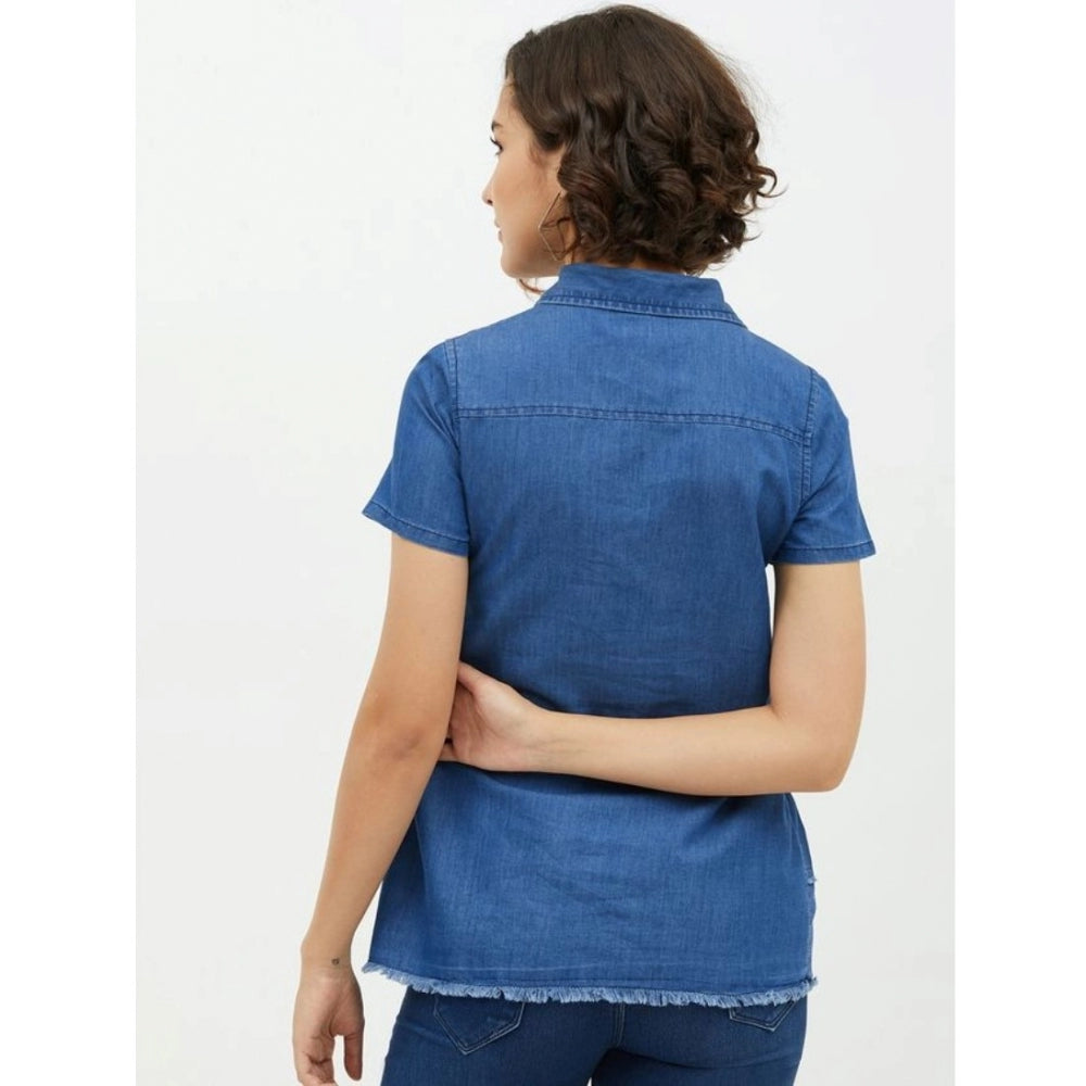Women's Denim Peplum Short Sleeve Top - Blue
