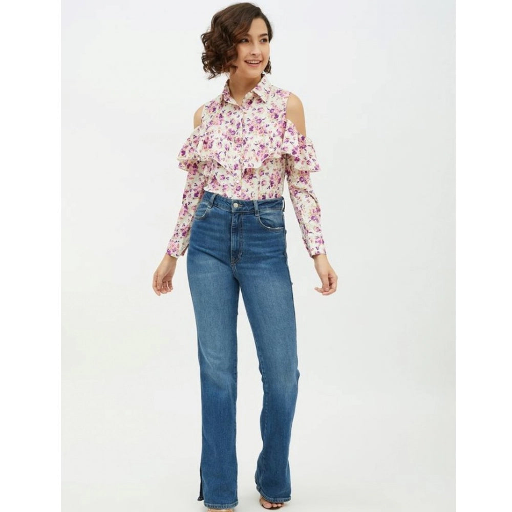 Women's Polyester Floral Cold Shoulder Standard Length Shirt - White
