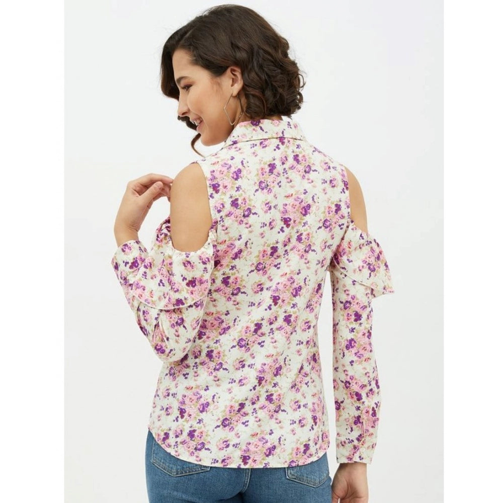 Women's Polyester Floral Cold Shoulder Standard Length Shirt - White