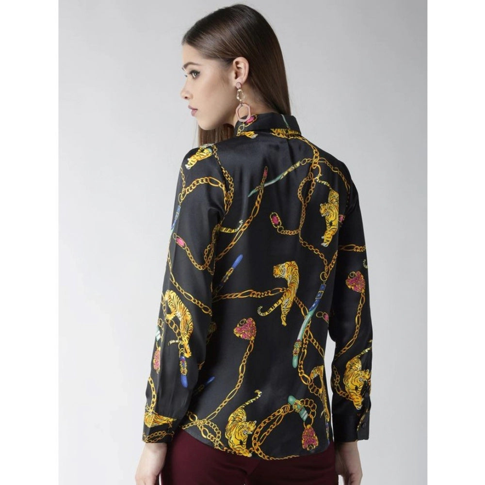 Women's Satin Printed Long Sleeve Standard Length Shirt - Black - Gold