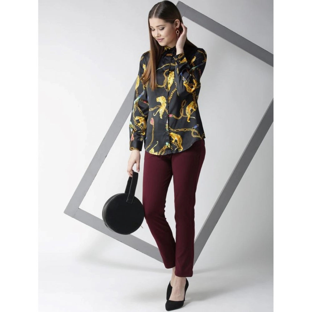 Women's Satin Printed Long Sleeve Standard Length Shirt - Black - Gold