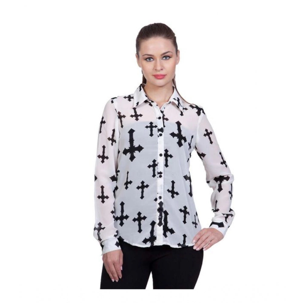 Women's Polyester Printed Long Sleeve Standard Length Shirt - White