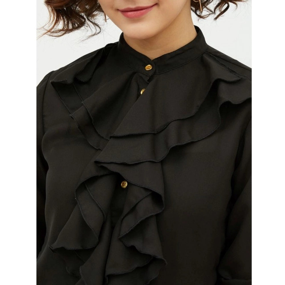 Women's Polyester Ruffled Long Sleeve Standard Length Shirt - Black