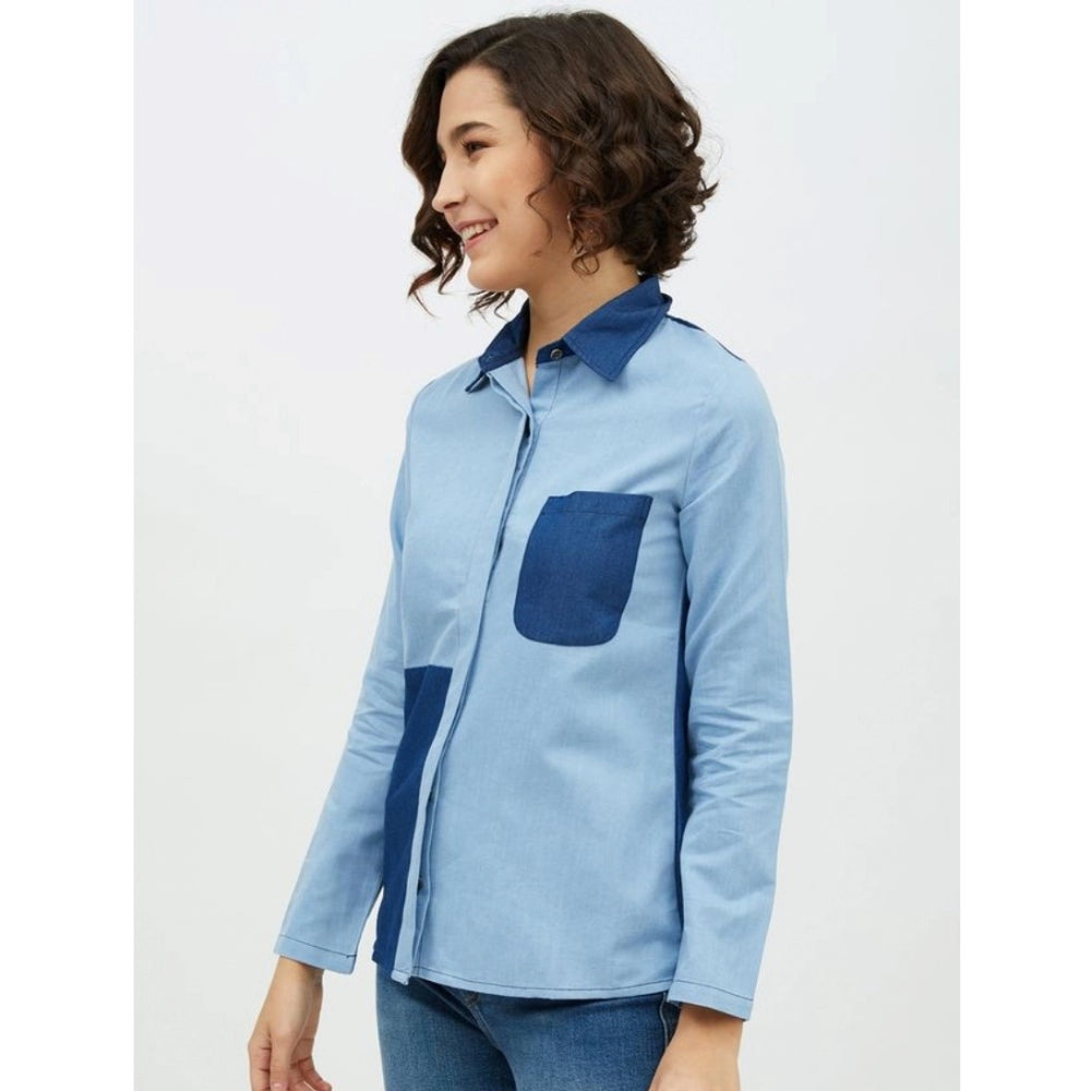Women's Denim Patch Work Long Sleeve Standard Length Shirt - Blue