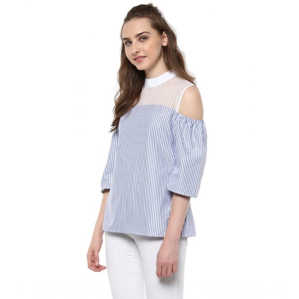 Women's Cotton Striped Cold Shoulder Top - Blue