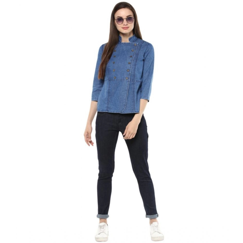 Women's Denim Solid 3/4 Sleeve Sleeves Regular Top - Blue