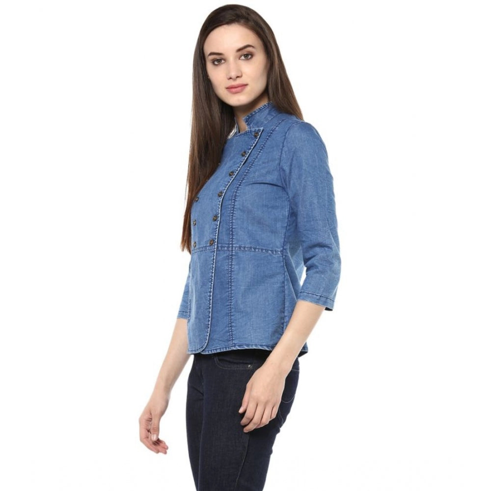 Women's Denim Solid 3/4 Sleeve Sleeves Regular Top - Blue