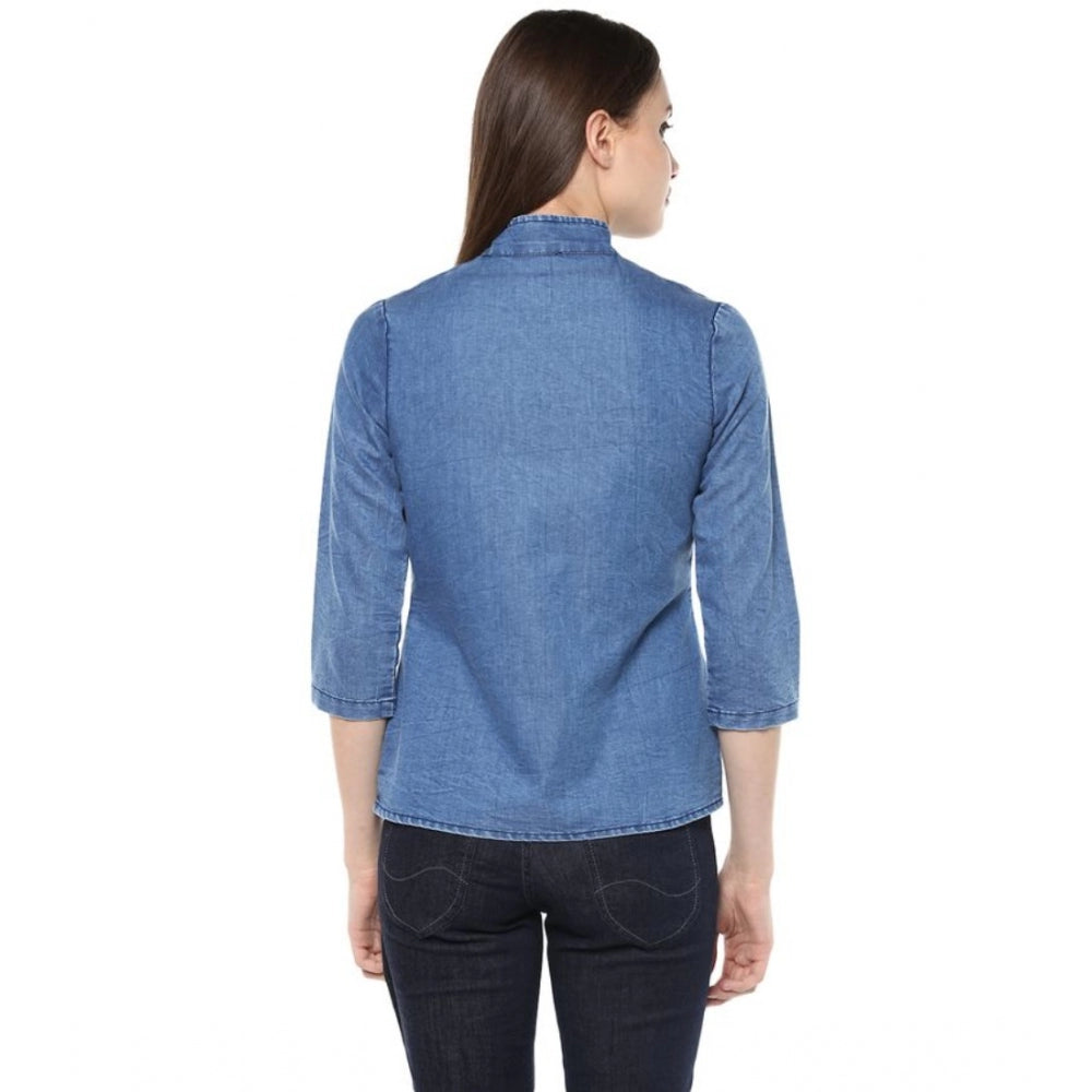 Women's Denim Solid 3/4 Sleeve Sleeves Regular Top - Blue