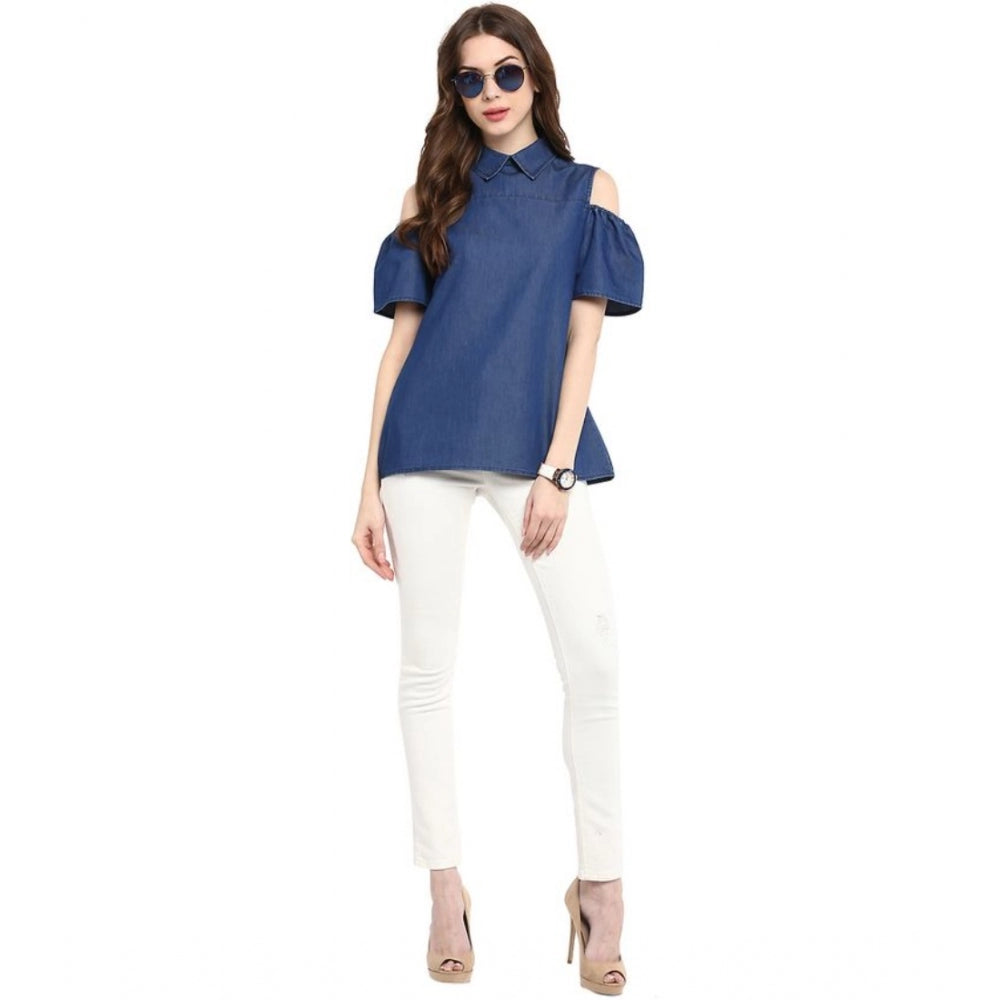 Women's Denim Solid Cold Shoulder Regular Top - Blue