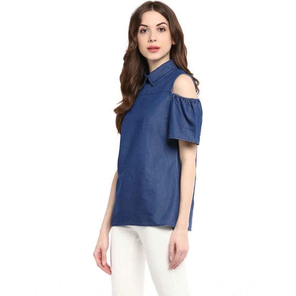 Women's Denim Solid Cold Shoulder Regular Top - Blue