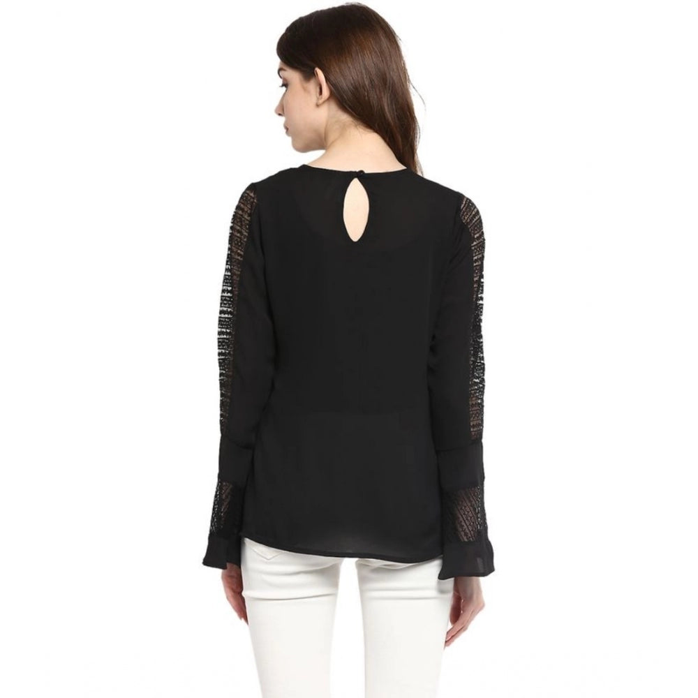 Women's Polyester Georgette Self Design Bell Sleeve Regular Top - Black