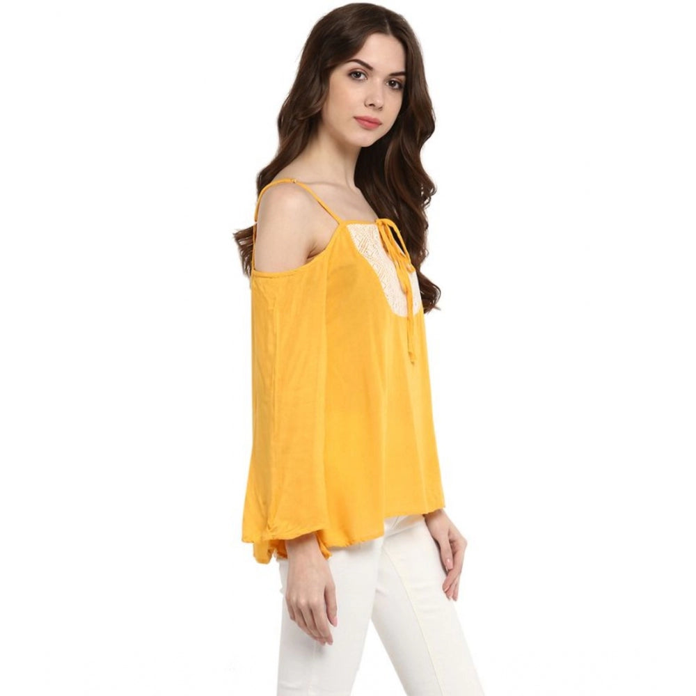 Women's Rayon Embellished Cold Shoulder Regular Top - Mustard Yellow