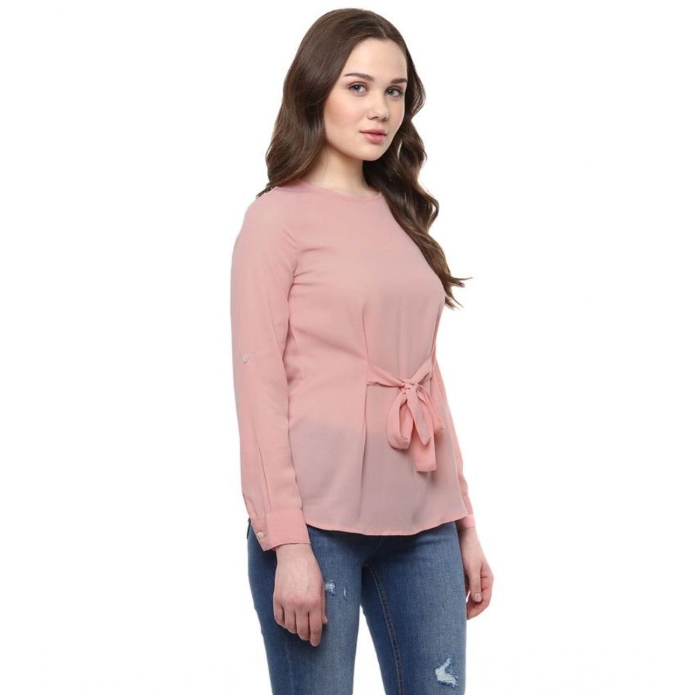 Women's Polyester Solid Long Sleeve Regular Top - Pink