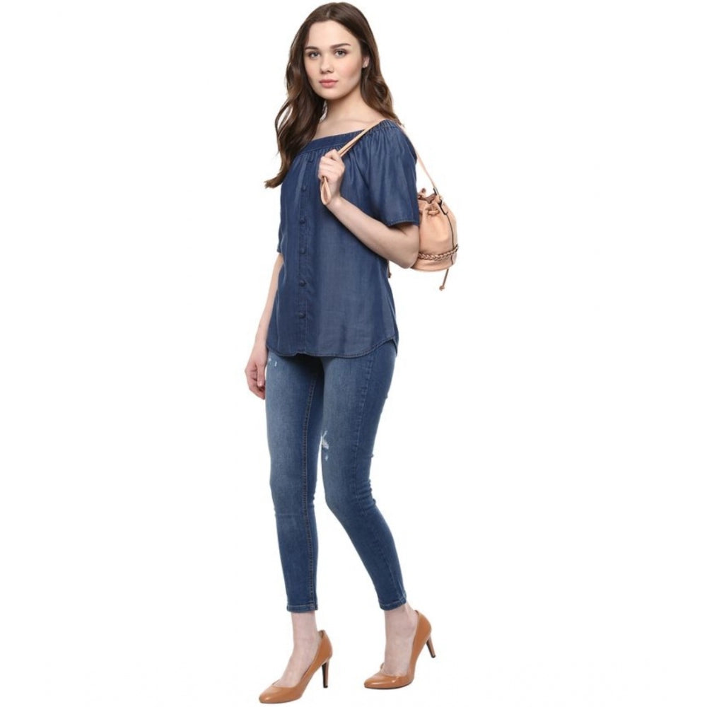 Women's Denim Solid Short Sleeve Regular Top - Blue