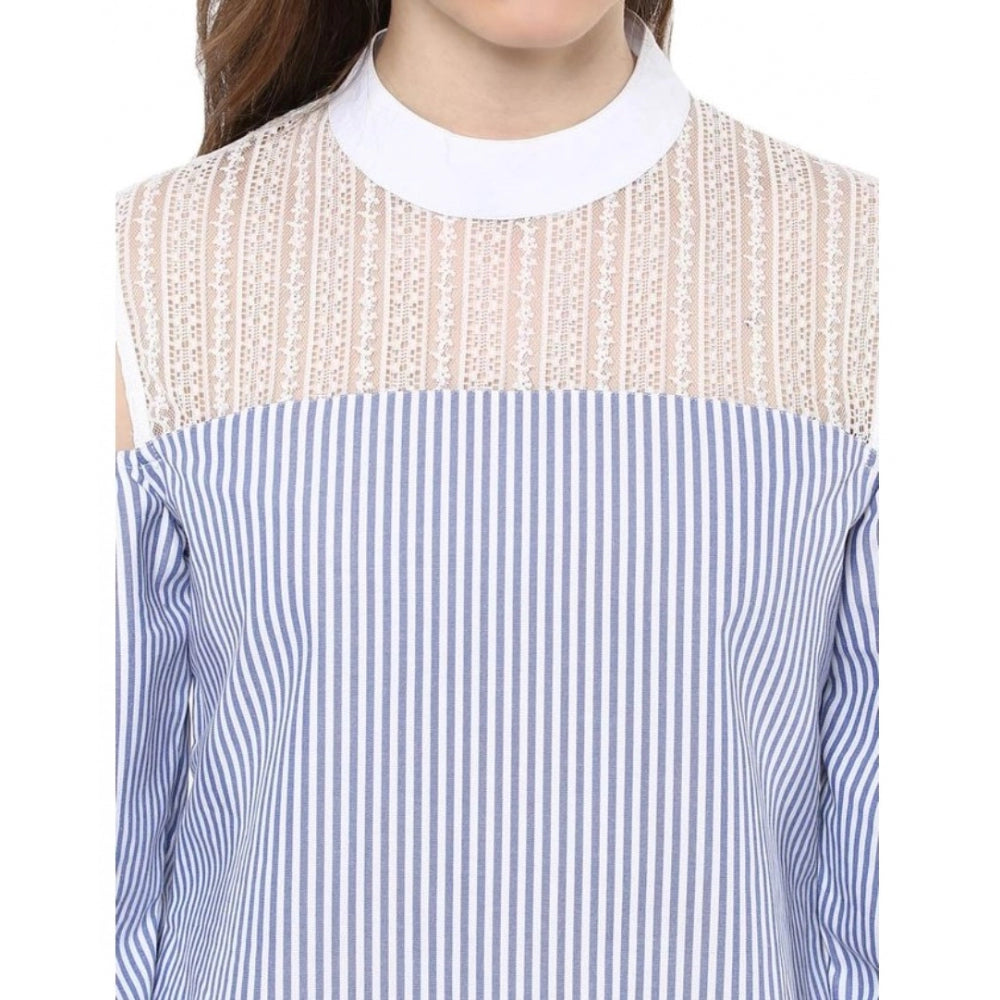 Women's Cotton Striped Cold Shoulder Top - Blue
