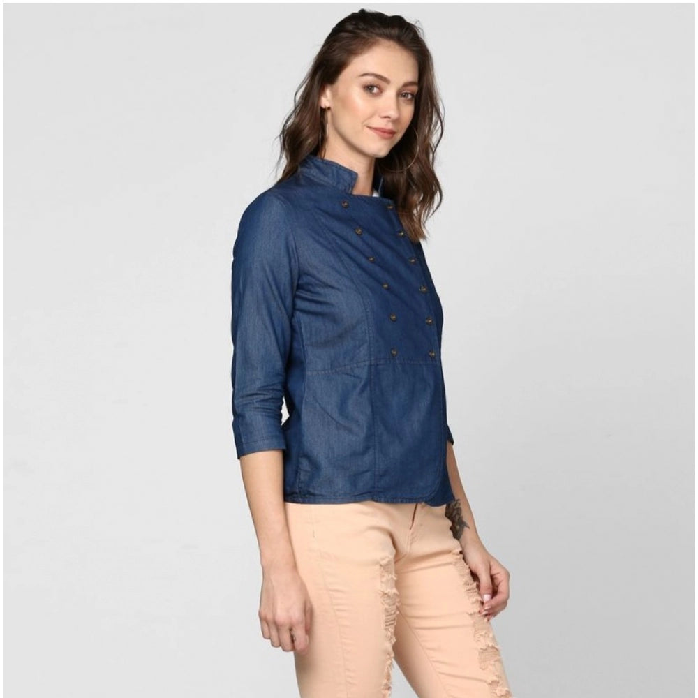 Women's Denim Solid 3/4 Sleeve Sleeves Top - Blue