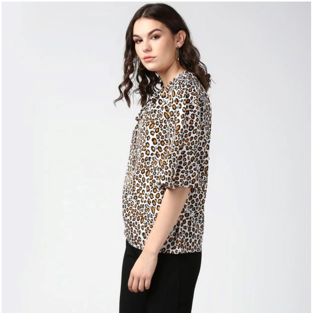 Women's Polyester Animal Print Bell Sleeve Top - Orange - Black