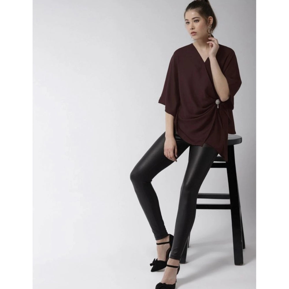Generic Women's Polyester Solid Cape Sleeve Top (Maroon)