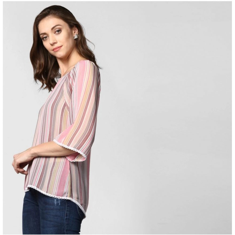 Women's Polyester Striped 3/4 Sleeve Sleeves Top - Pink