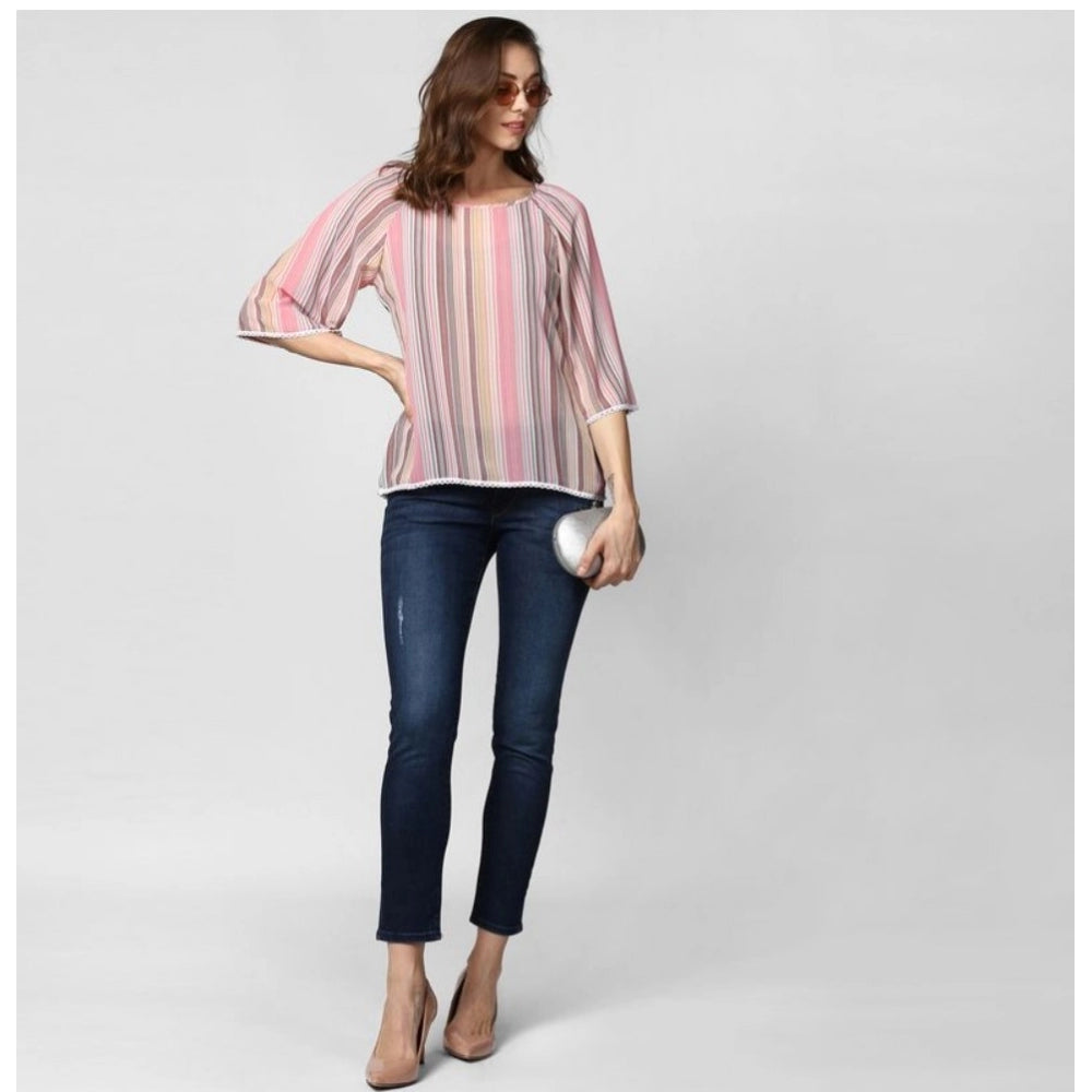 Women's Polyester Striped 3/4 Sleeve Sleeves Top - Pink