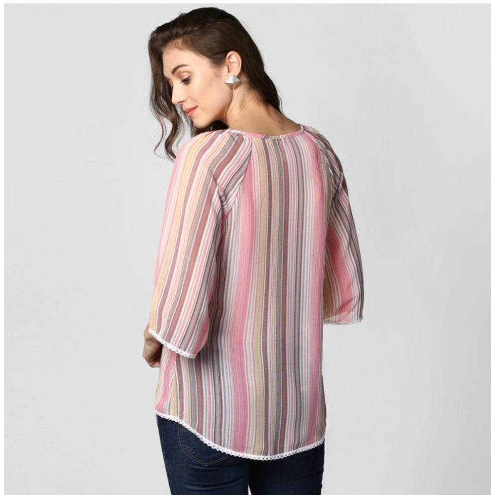 Women's Polyester Striped 3/4 Sleeve Sleeves Top - Pink