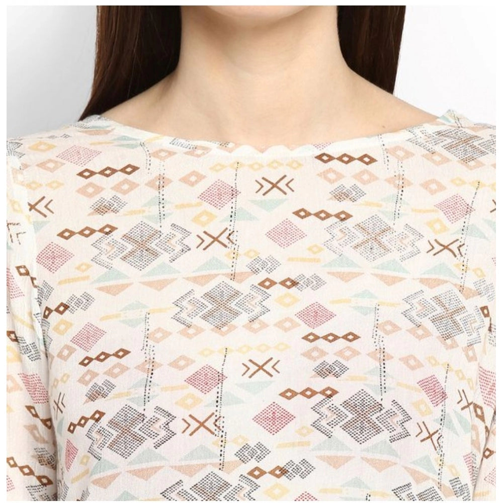 Generic Women's Rayon Crepe Printed Ruffle Sleeve Top (Off White - Red)