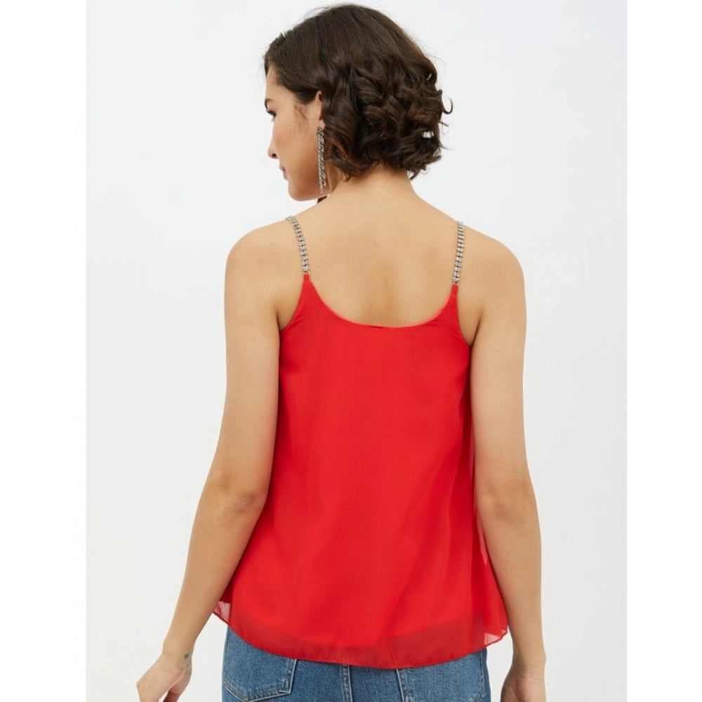 Women's Polyester Embellished Shoulder Straps Top - Red