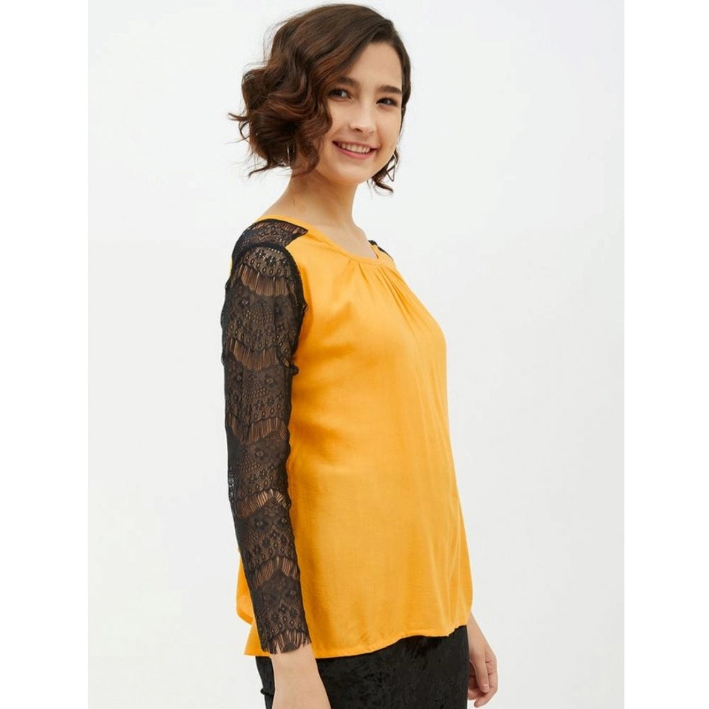 Women's Rayon Lace Inserts Long Sleeve Top - Yellow