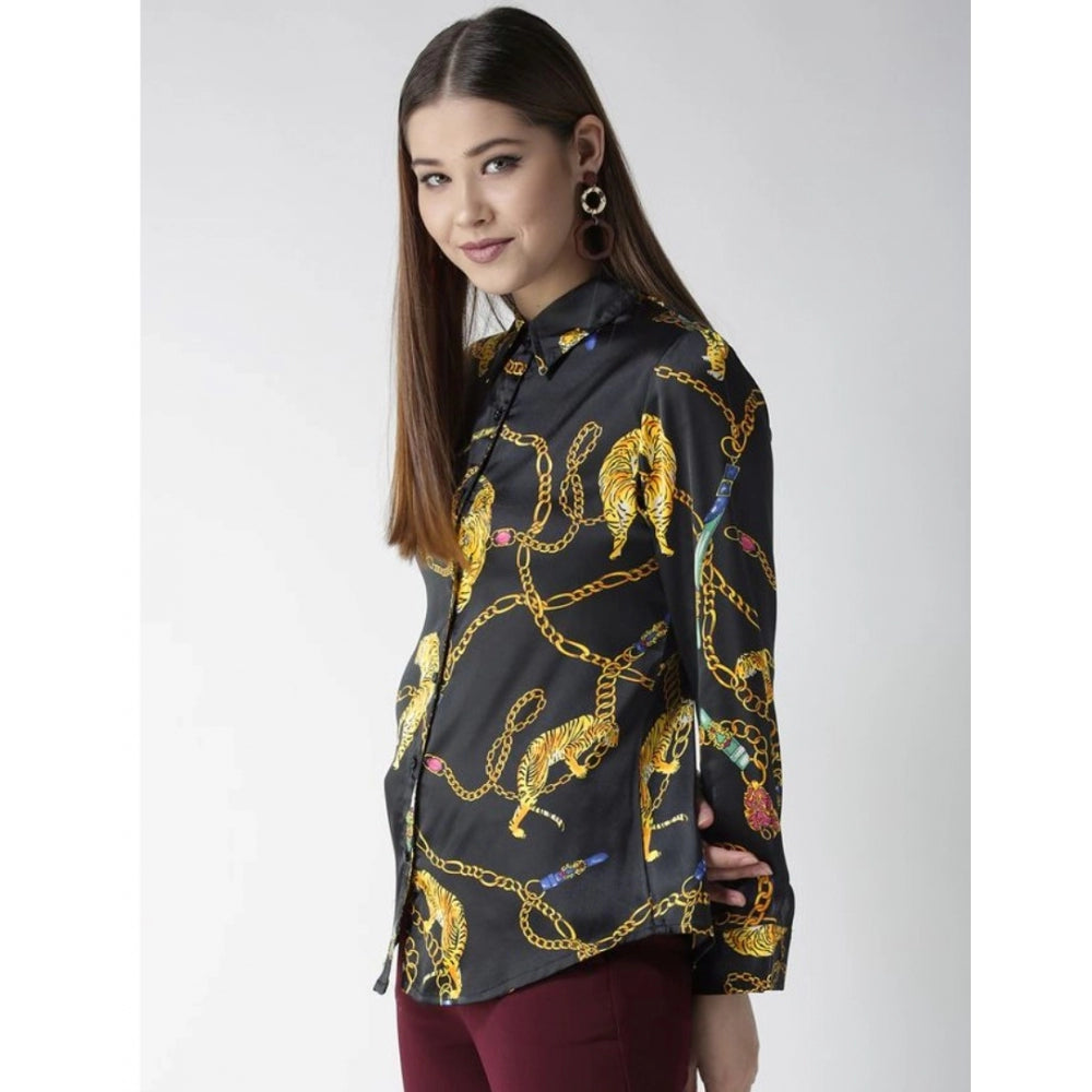 Women's Satin Printed Long Sleeve Standard Length Shirt - Black - Gold